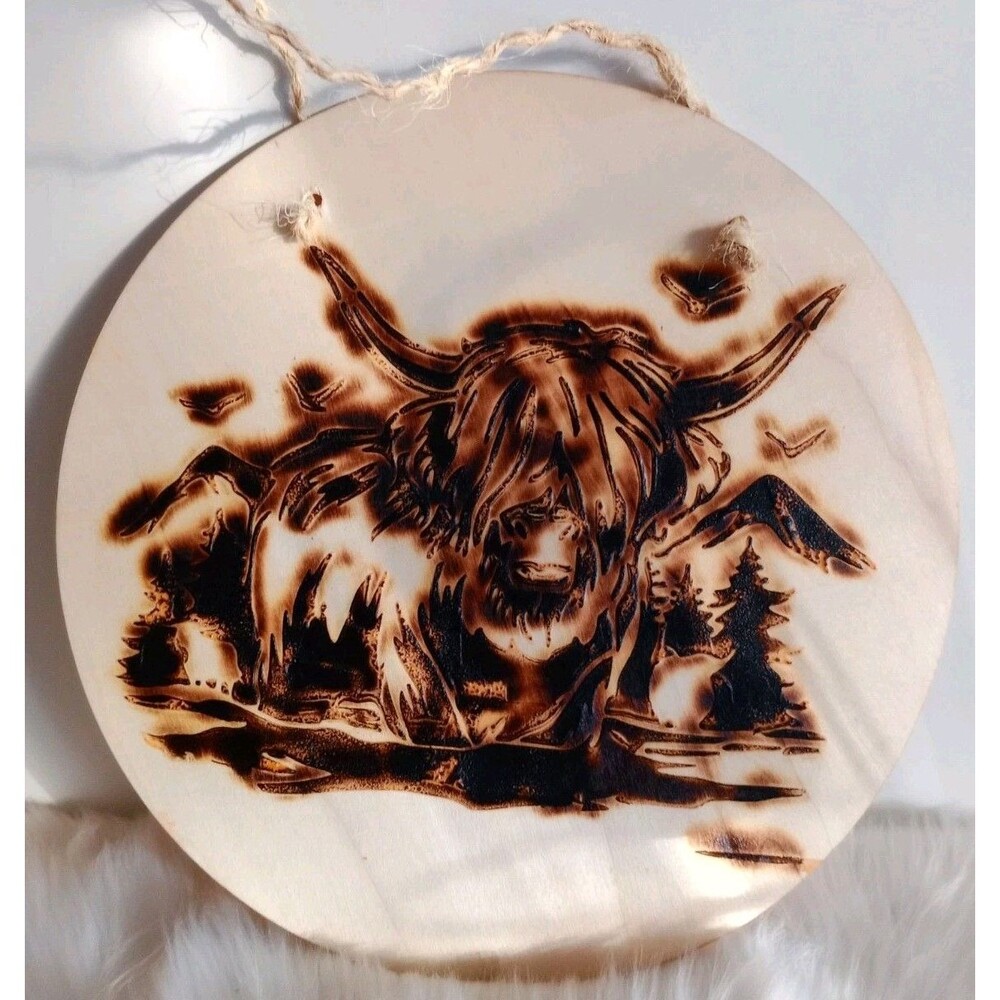 Handmade Highland Cow Home Decor Wood Burnished 11 3/4" Plaque Wall Hanging New